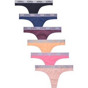 PACK OF 6 Women's Sofra Cotton Blend Logo Band Solid Thong Panty (LP1423CT4)